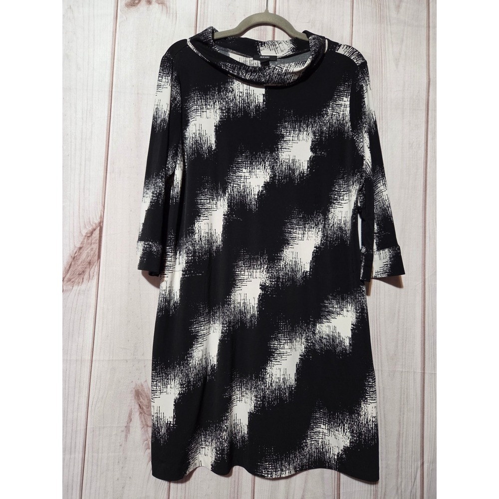 Alfani Womens Black White Abstract Print Cowl Neck‎ 3/4 Sleeve Shift Dress L